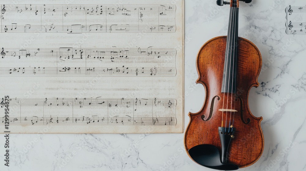 Elegant Violin on Marble Surface with Musical Sheet Background Elegant Violin on Marble Surface with Musical Sheet Background