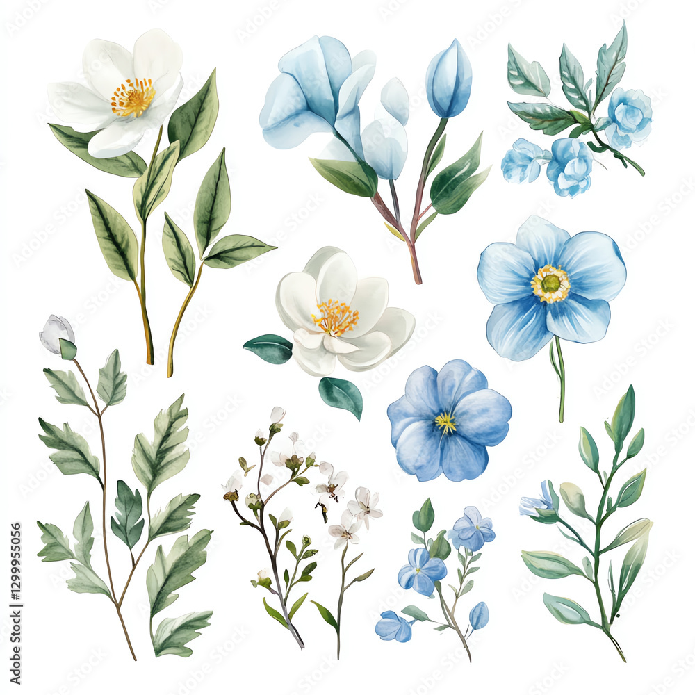 An artistic composition of various blue and white flowers with delicate leaves, showcasing the beauty of nature and floral design in a whimsical, watercolored style. An artistic composition of various blue and white flowers with delicate leaves, showcasing the beauty of nature and floral design in a whimsical, watercolored style.