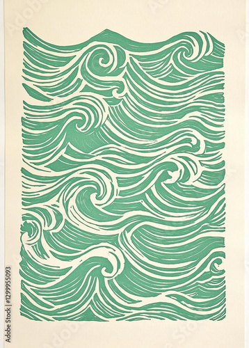 Linocut print depicting waves in pale green on a cream background. The design features intricate linework and detailed shading, highlighting the texture of the waves. The composition is simple yet