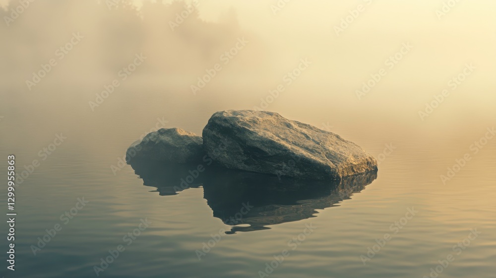 Naklejka premium Serene Rock Formations in Foggy Water During Golden Hour