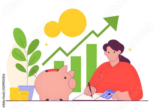 financial planning investment or wealth management savings money or income and salary budgeting plan for spending debt and tax concept woman planning for her savings with piggy bank growth chart. photo