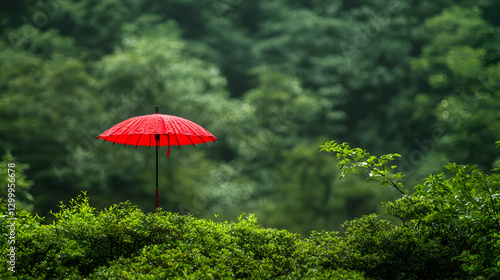 Wallpaper Mural Single Red Umbrella Perched Above Lush Green Foliage Against Blurred Forest Background Torontodigital.ca
