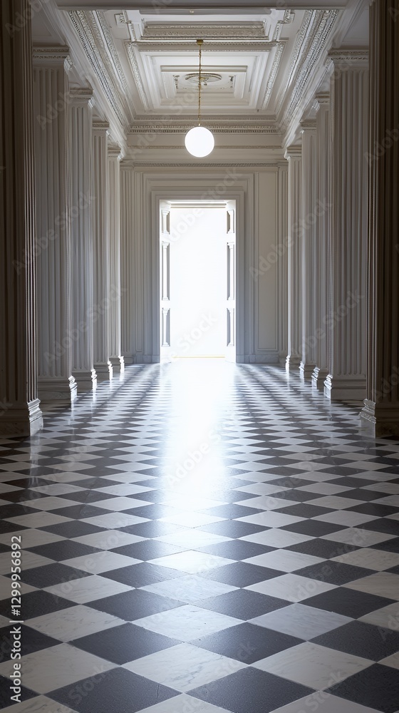 Bright Hallway with Marble Columns and Checkered Floor Bright Hallway with Marble Columns and Checkered Floor