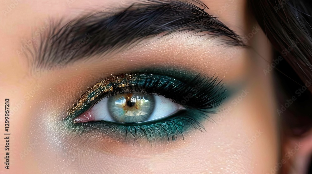 Obraz premium Showcasing a striking eye makeup look featuring vibrant emerald green mascara and coordinating eyeliner, complemented by a natural makeup base for a contemporary vibe