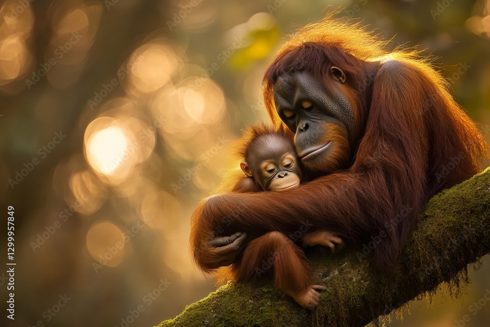 Obraz premium Mother orangutan embracing her baby on a tree branch