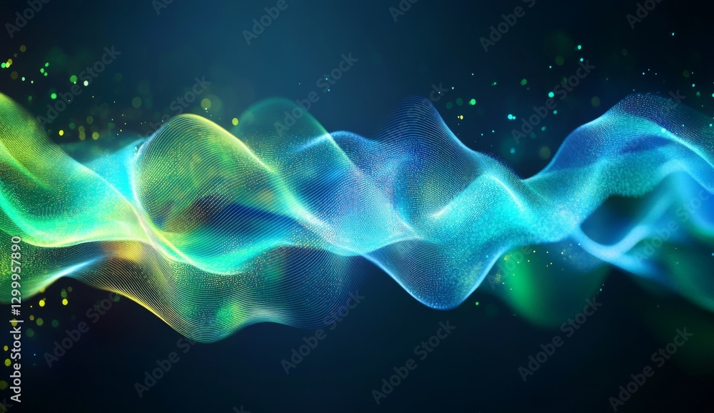 Obraz premium Abstract glowing green and blue wavy lines on a dark background with a bokeh effect.