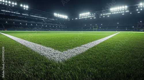 Wide view of an empty football field with bright stadium lights, lush green grass and crisp white lines, ultrarealistic, 8K quality