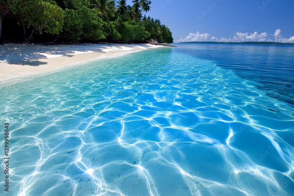 Fototapeta premium A bioluminescent beach on a tropical island, glowing blue under the night sky