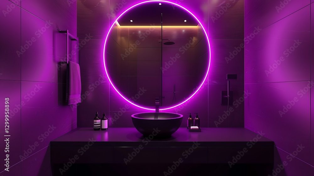 Bathroom with purple and black colors, neon lights, round mirror, modern mimalist design, high resolution,