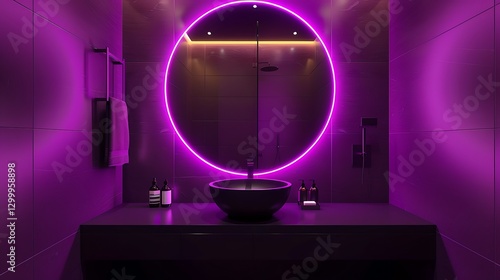 Obraz na płótnie Bathroom with purple and black colors, neon lights, round mirror, modern mimalist design, high resolution, w salonie