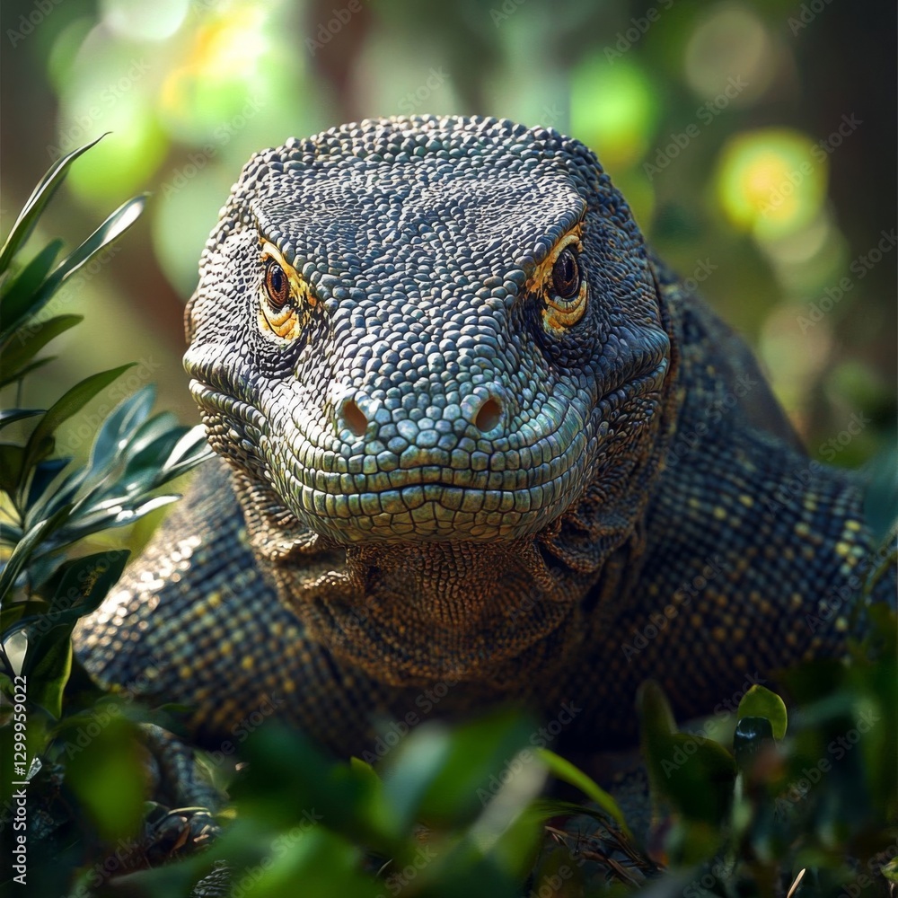 A close-up of a Komodo dragon in its natural habitat, showcasing its intricate scales and fierce expression among lush green foliage. A close-up of a Komodo dragon in its natural habitat, showcasing its intricate scales and fierce expression among lush green foliage.