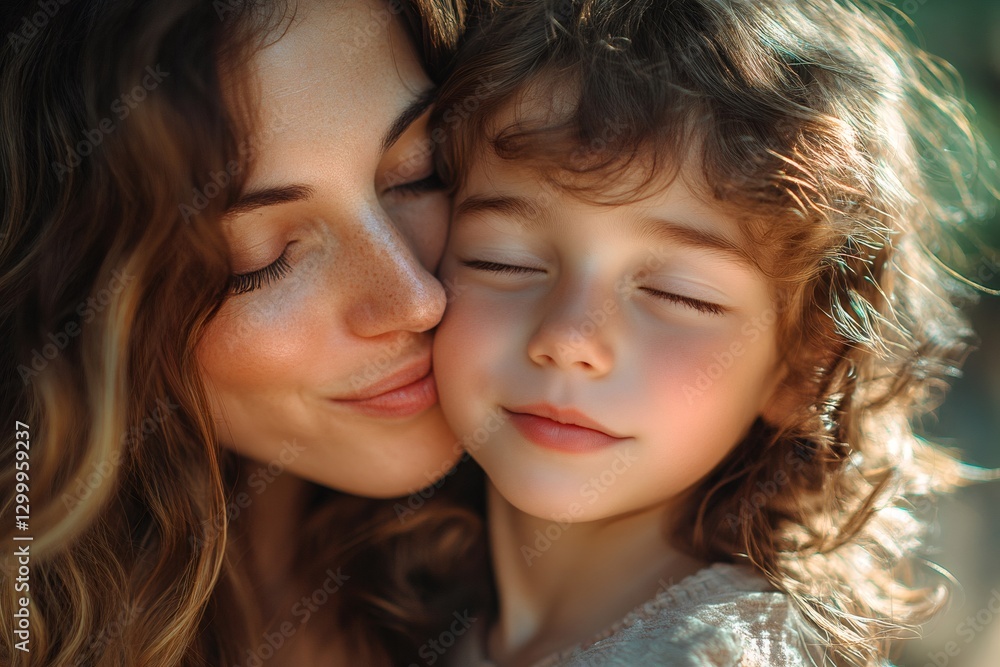 Mother kissing her daughter on the cheek with closed eyes Mother kissing her daughter on the cheek with closed eyes