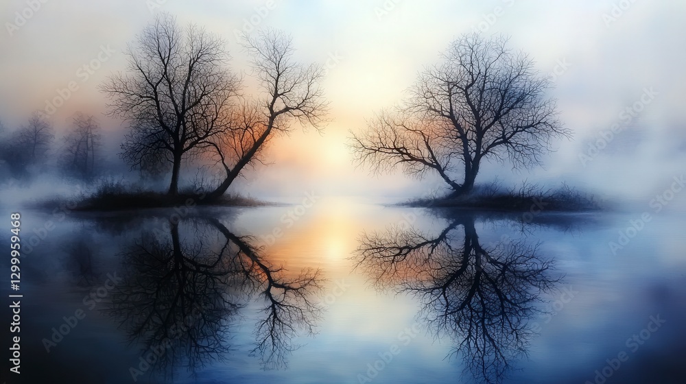 Serene misty sunrise reflection tranquil lake dreamy landscape painting nature peaceful atmosphere Serene misty sunrise reflection tranquil lake dreamy landscape painting nature peaceful atmosphere