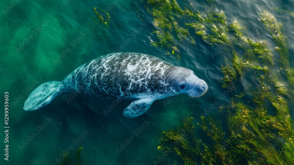 Naklejka premium A serene manatee swimming gracefully through clear, turquoise waters surrounded by vibrant aquatic vegetation.