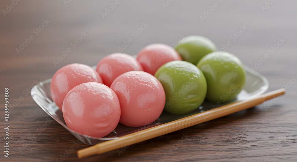 Pastel Pink and Green Dango Mochi on Wooden Table with Chopsticks Pastel Pink and Green Dango Mochi on Wooden Table with Chopsticks