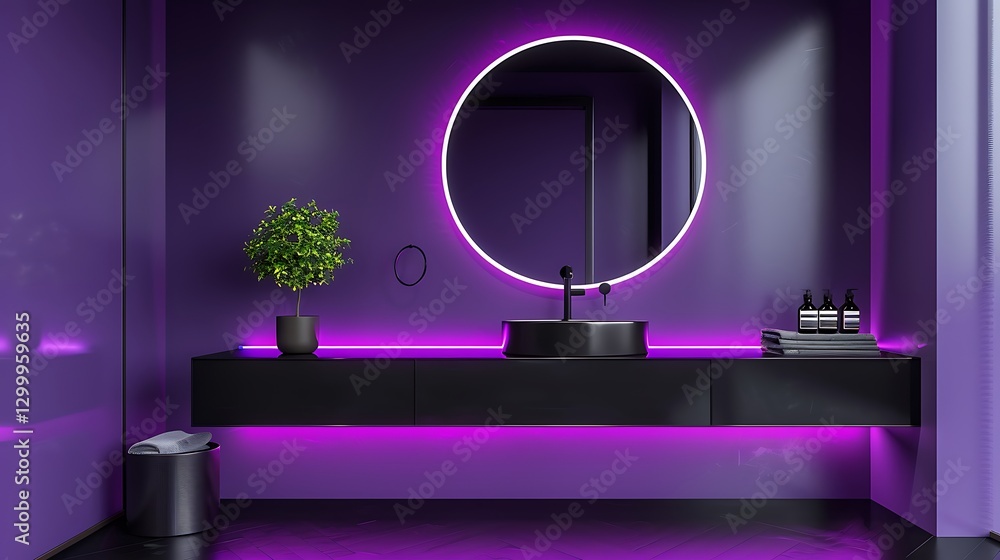 Bathroom with purple and black colors, neon lights, round mirror, modern mimalist design, high resolution,