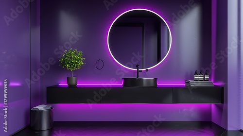 Obraz na płótnie Bathroom with purple and black colors, neon lights, round mirror, modern mimalist design, high resolution, w salonie