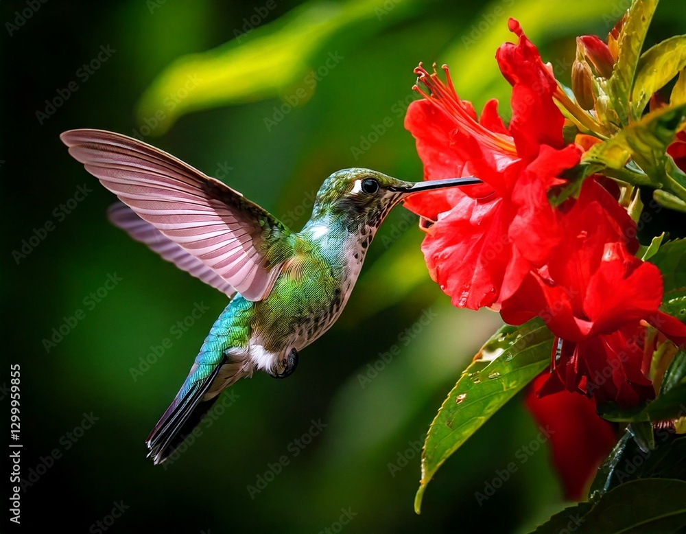 Fototapeta premium Small colorful hummingbird soaring next to the big red flower collecting nectar