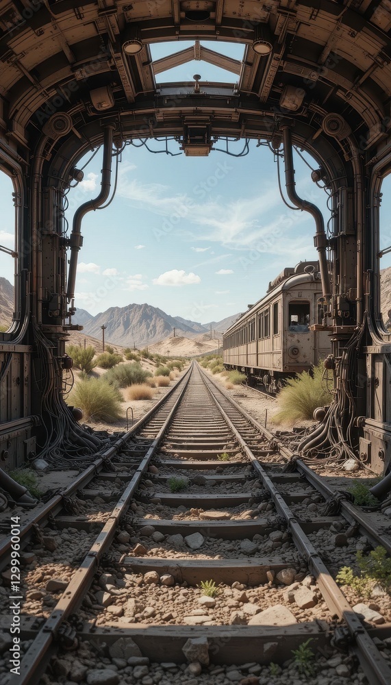 Deserted Railway Track Leading to Distant Mountains Seen From Inside Abandoned Train Carriage