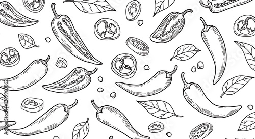 Spicy Chili Peppers Seamless Pattern: A Culinary Delightful Hand-Drawn Illustration of Jalapeños