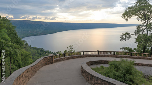 Wallpaper Mural Scenic overlook with stone walkway, offering breathtaking sunset views across a vast lake nestled within a verdant valley. Torontodigital.ca