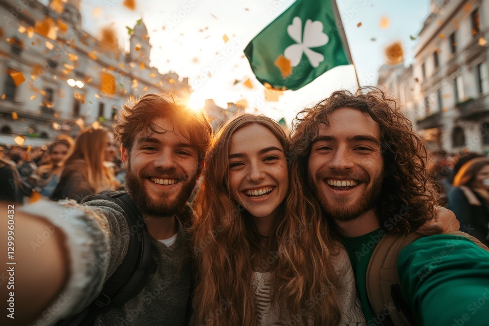 Friends taking selfie at St. Patrick's Day parade with flag and confetti Friends taking selfie at St. Patrick's Day parade with flag and confetti
