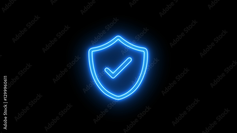 Glowing Neon Glitch security shield with check mark icon. neon check mark icon on black background.