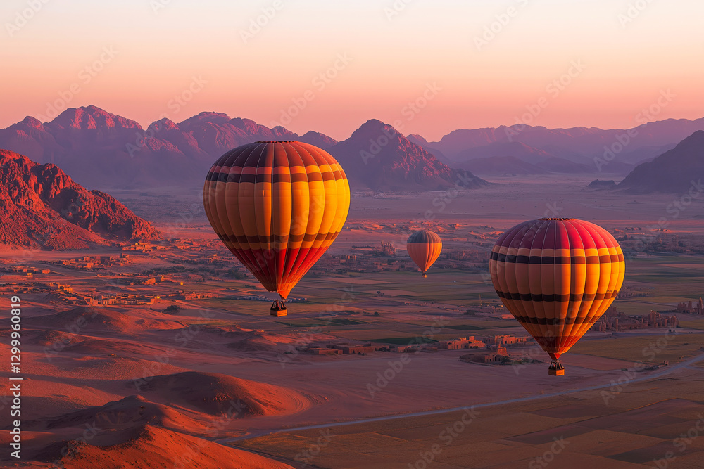 Obraz premium Hot Air Balloons Floating Over a Desert at Sunset 