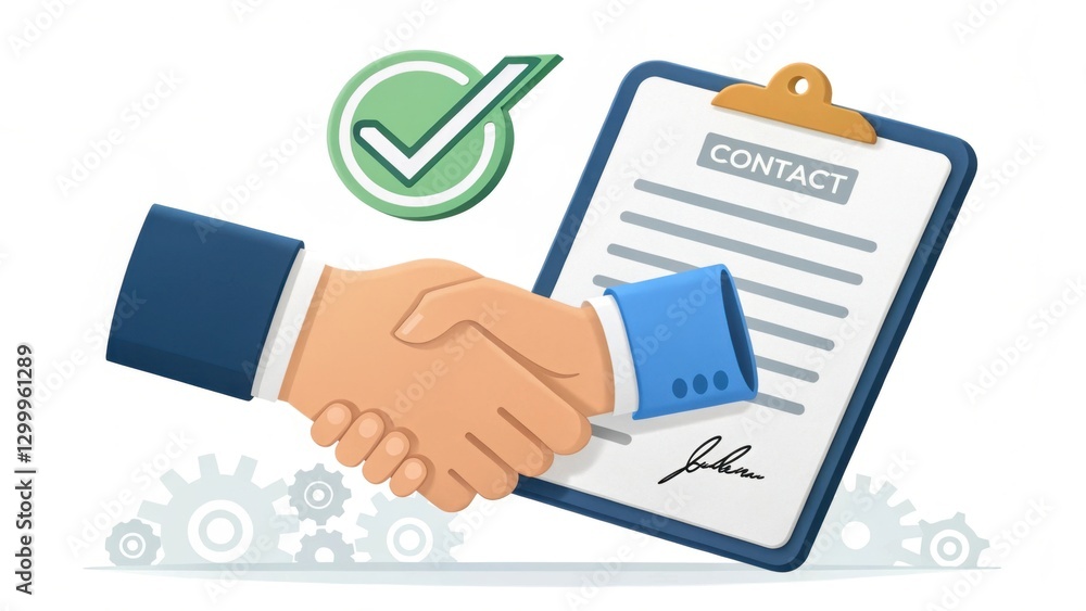 A handshake signifies agreement, accompanied by a signed contract and approval checkmark, representing successful negotiation or partnership. A handshake signifies agreement, accompanied by a signed contract and approval checkmark, representing successful negotiation or partnership.