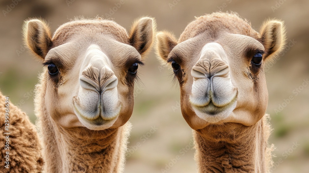 Obraz premium Two camels facing forward, close-up.