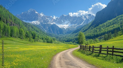 Scenic mountain landscape with a winding dirt road through vibrant green meadows and distant peaks