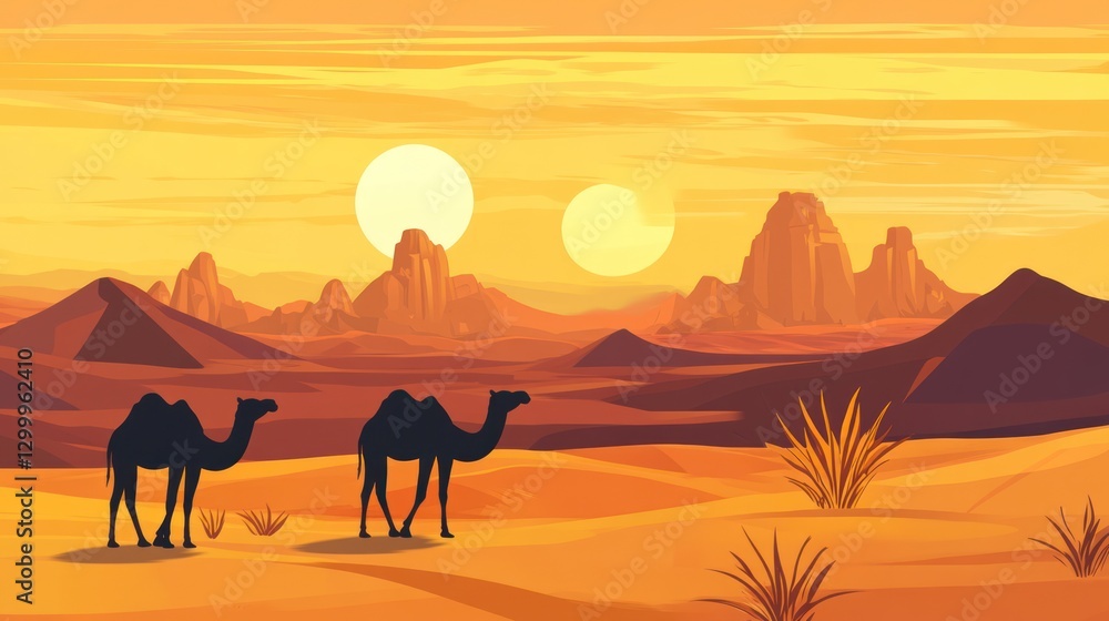 Two camels walk across a desert landscape at sunset, with vibrant orange and yellow hues, and distant mountains. Two camels walk across a desert landscape at sunset, with vibrant orange and yellow hues, and distant mountains.