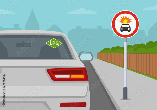 Safe driving tips and traffic regulation rules. "No vehicles carrying explosive or inflammables" road sign area. Back view of a car with liquid propane gas. Flat vector illustration template.