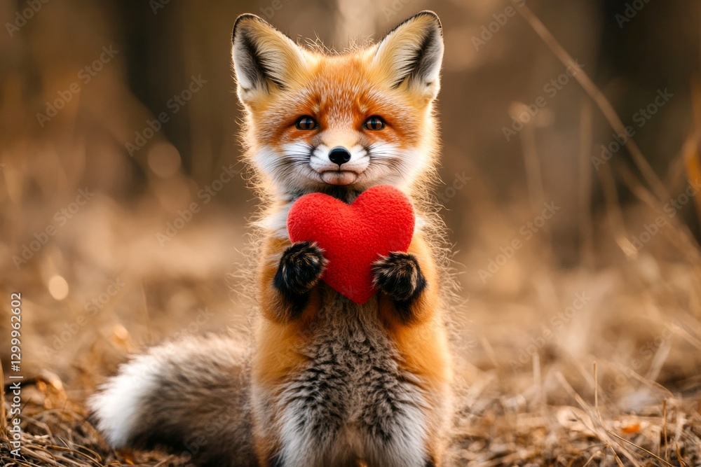 Obraz premium Fox - my beloved animal. Cute fox baby with domestic animal toy red heart on in a natural habitat. Ad campaign animal visual idea. Adorable valentineâ€™s animals. Furry valentine's day.