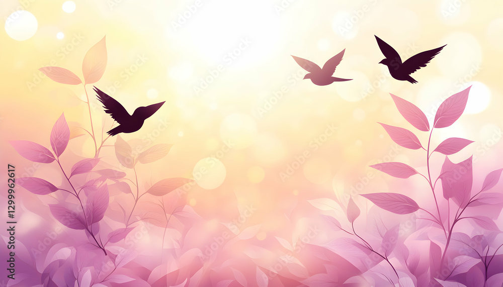Serene pastel landscape featuring two silhouetted birds in flight above soft purple leaves, bathed in warm sunlight. Perfect for meditation, peace, or nature themes. Serene pastel landscape featuring two silhouetted birds in flight above soft purple leaves, bathed in warm sunlight. Perfect for meditation, peace, or nature themes.