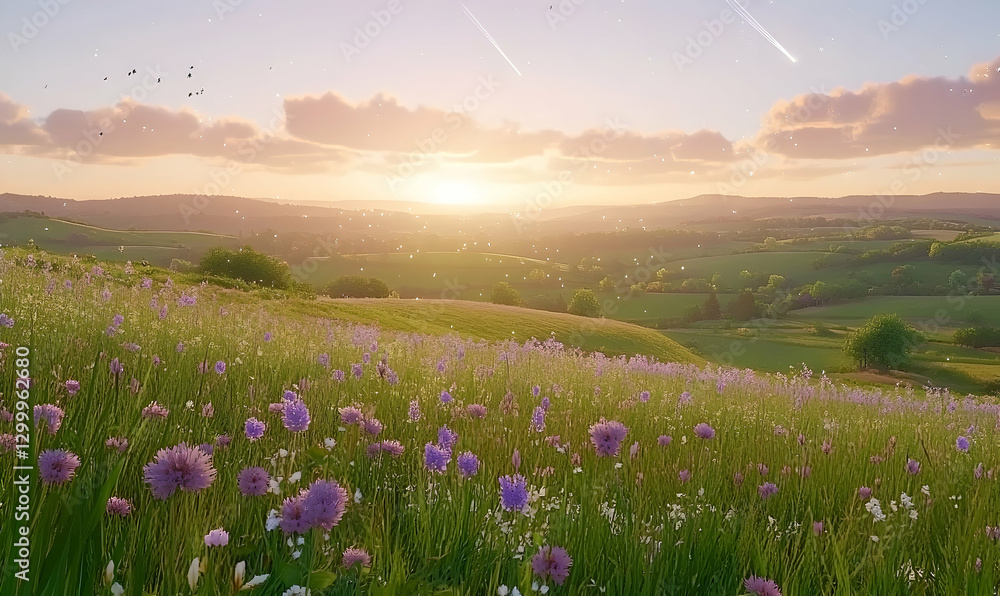 Obraz premium Serene sunset over idyllic rolling hills and vibrant purple wildflowers. Magical, dreamy landscape perfect for peaceful backgrounds.