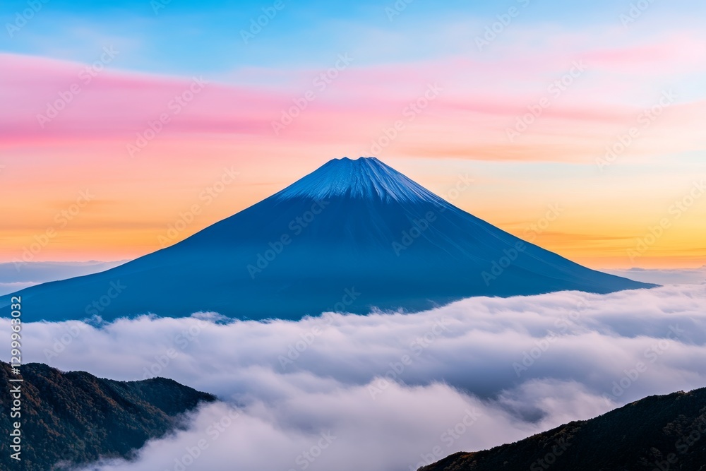 A clean, minimal representation of a volcano silhouette against a gradient sky A clean, minimal representation of a volcano silhouette against a gradient sky