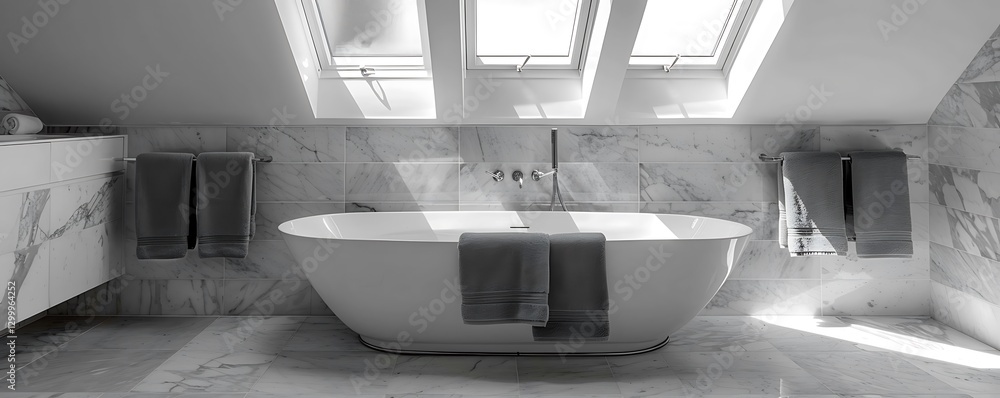 Marble-tiled bathroom, skylights, gray towels, freestandg tub, wooden accents, mimalist design,