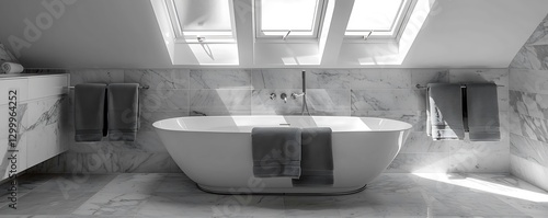 Obraz na płótnie Marble-tiled bathroom, skylights, gray towels, freestandg tub, wooden accents, mimalist design, w salonie