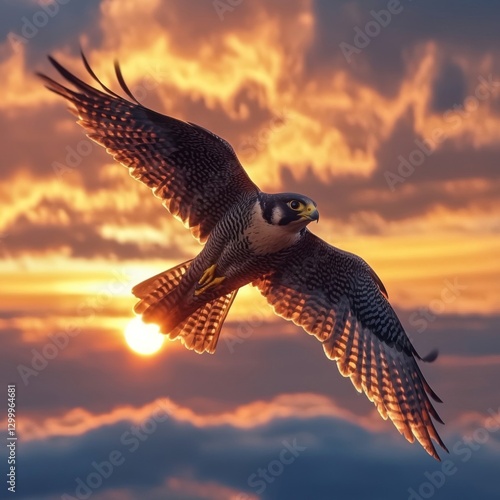 A majestic falcon soaring through a vibrant sunset sky, capturing the essence of freedom and wild beauty.