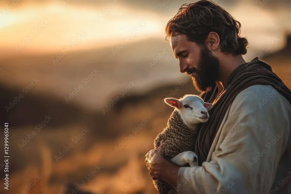 Naklejka premium Jesus Christ gently holding a lamb.