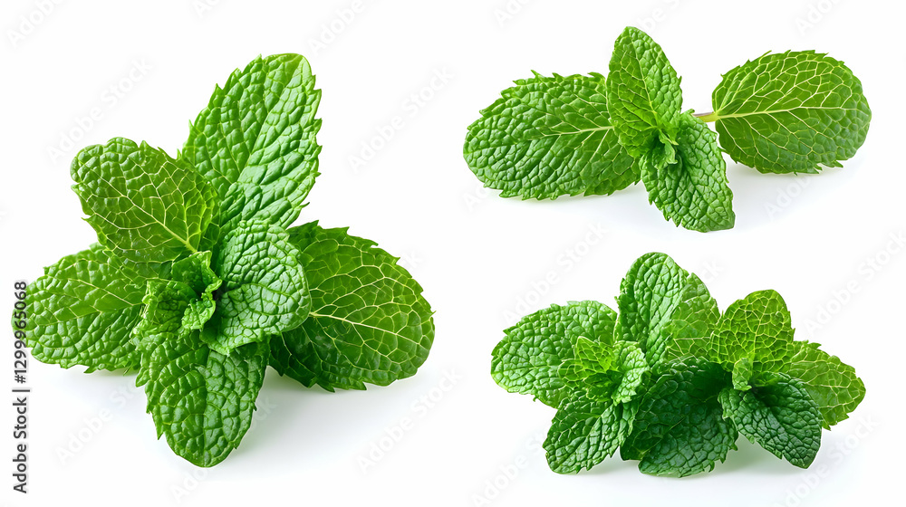 Fresh Green Mint Leaves Isolated on White Background Showing Close Up Detail of Natural Herb
