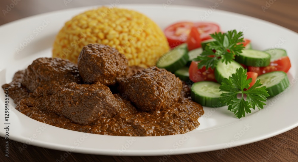 Delicious Indonesian Rendang: Beef Stew with Rice and Salad Delicious Indonesian Rendang: Beef Stew with Rice and Salad