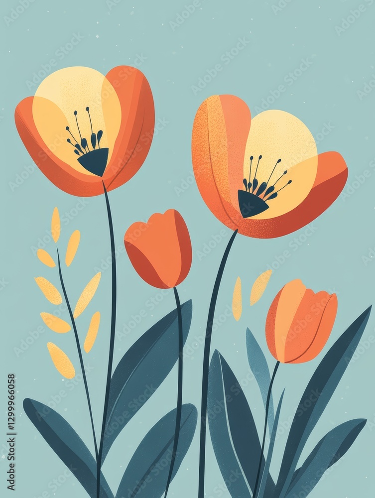 Abstract Floral Illustration: A Serene Composition of stylized Tulips in warm, earthy tones against a muted blue backdrop. Abstract Floral Illustration: A Serene Composition of stylized Tulips in warm, earthy tones against a muted blue backdrop.