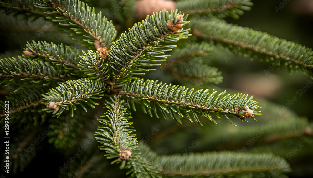 Lush green fir tree branches with detailed needles and pine cones, creating a natural Christmas or winter background. Lush green fir tree branches with detailed needles and pine cones, creating a natural Christmas or winter background.