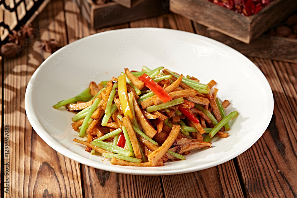 Braised King Oyster Mushroom with Spicy Pepper and Celery in XO Sauce Braised King Oyster Mushroom with Spicy Pepper and Celery in XO Sauce