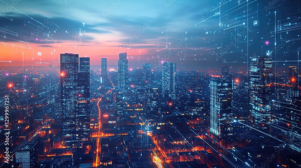 Fototapeta premium Futuristic cityscape with glowing structures and digital pathways, showcasing advanced urban innovation.