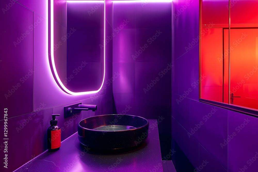 Bathroom with purple and black colors, neon lights, round mirror, modern mimalist design, high resolution,