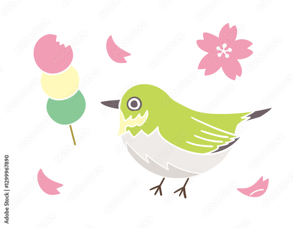 メジロと三色団子と桜の花びら/春の風物詩/手書きのベクターイラスト メジロと三色団子と桜の花びら/春の風物詩/手書きのベクターイラスト