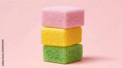 Stack Of Three Colorful Sugar Cubes Against A Pastel Pink Background